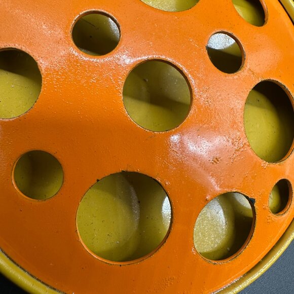 Vintage Brooch Pin 1960s Atomic Moon Orange Yellow Cut Out Dots Metal Enamel - Picture 5 of 9